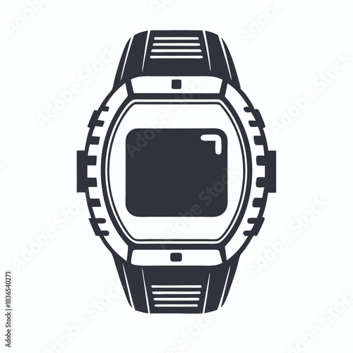 Isolated simple dark digital watch illustration featuring a rectangular black screen with curved rectangular body