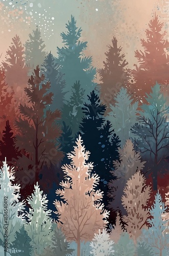 Stylized forest landscape with colorful trees in abstract painting style