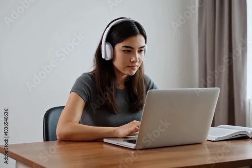 A multiracial young woman studying online at home.