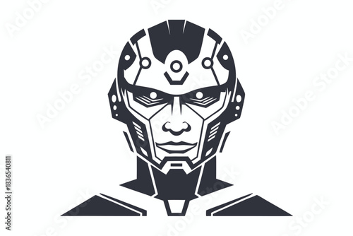 Striking monochrome shows an android face with radial lines for a futuristic mood