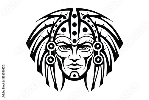 Intricate tribal tattoo features a stern Native American face with elaborate black headgear