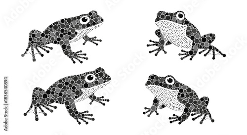 Abstract dot art frogs in monochrome with unique geometric patterns