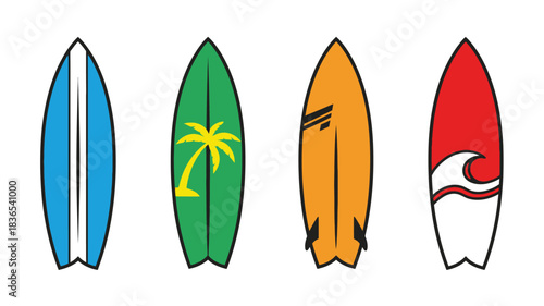 Colorful surfboards lined up in a row a striking visual silhouette