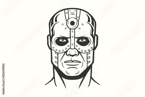 Monochrome sketch shows a cyborg head with many circular accents and piercing gaze