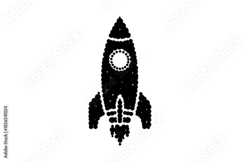 Silhouette rocket composed of black dots on white background