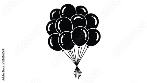 A cluster of black balloons floating upwards a striking silhouette