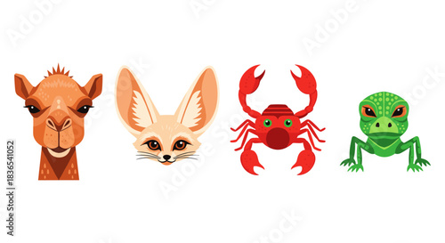 Colorful animal faces: camel, fennec, crab, chameleon portraits in flat design