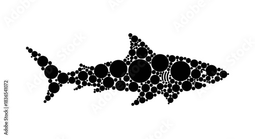 Abstract shark silhouette composed of black circles on white background