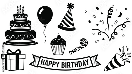 Celebratory birthday elements including cake balloon and gift ribbon silhouette