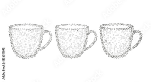 Three coffee cups made of transparent bubbles in minimalist style