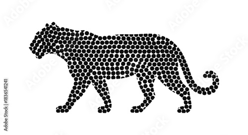 Panther silhouette composed of geometric black dots in a walking pose