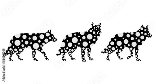 Abstract polka dot silhouette of wolves in a row