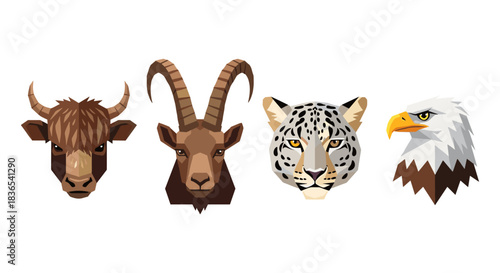 Geometric animal heads: bison, ibex, leopard, eagle in modern low poly art