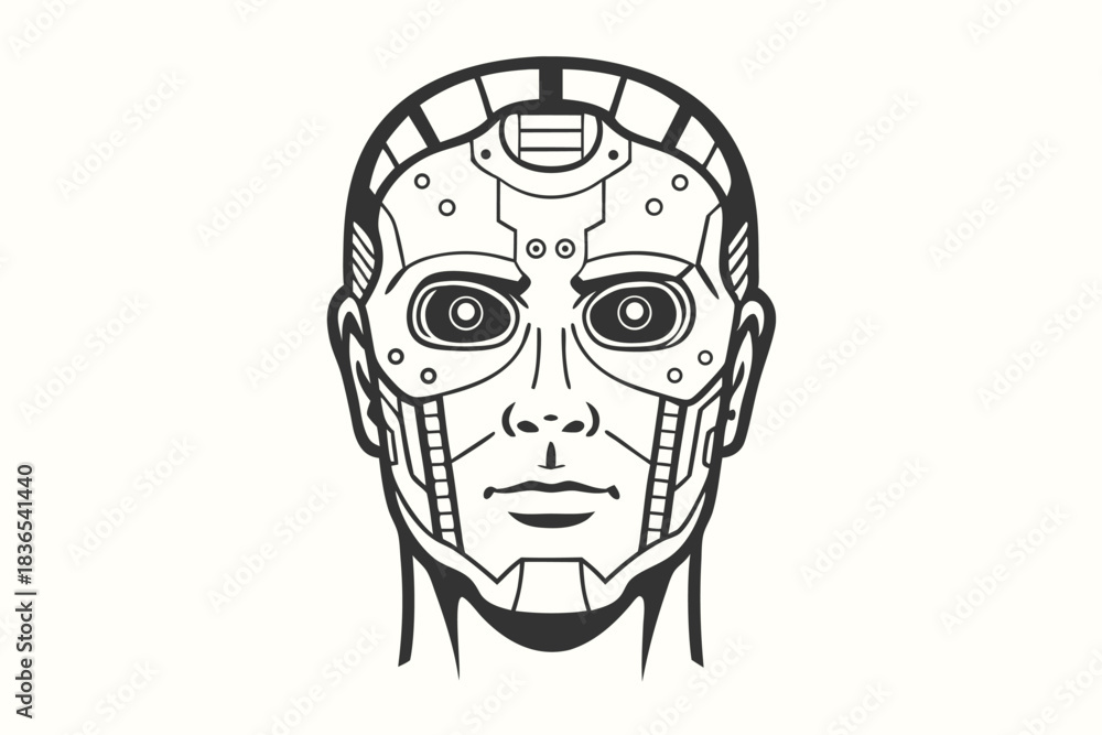 Fototapeta premium Line drawing depicts a futuristic robotic head with detailed metal features and distinct eyes