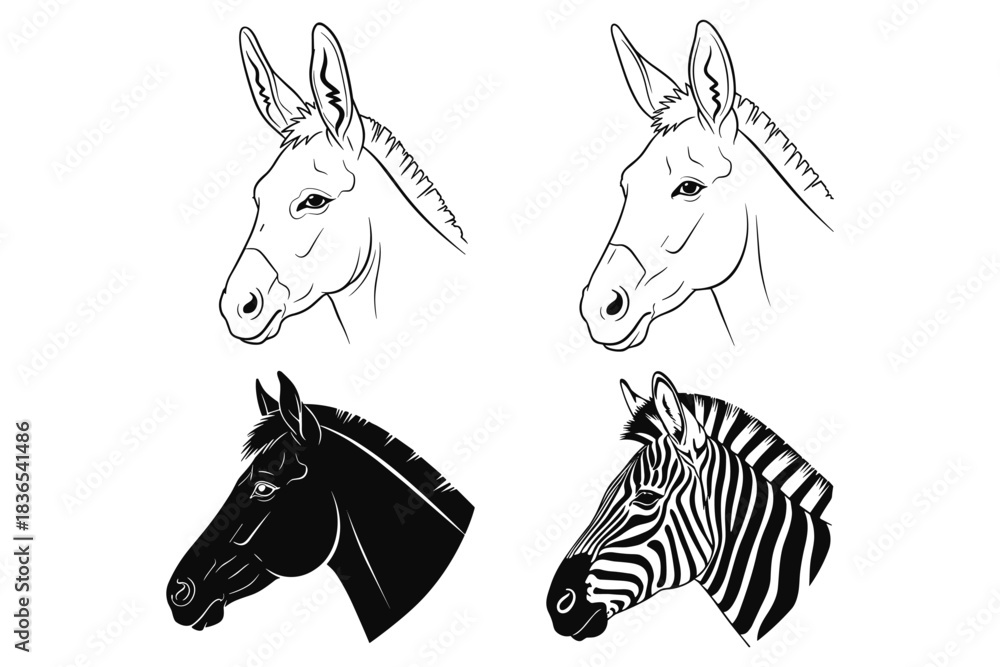 Naklejka premium Animal head profiles: zebra, horse, donkey in line and silhouette styles