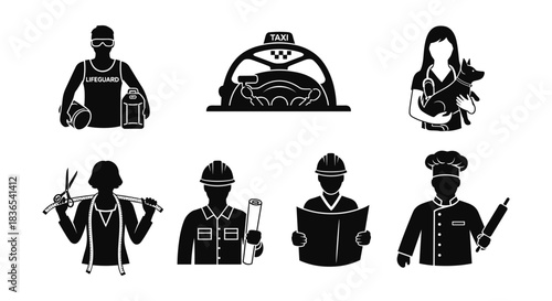 Silhouette icons of diverse professions featuring lifeguard, taxi, and chef
