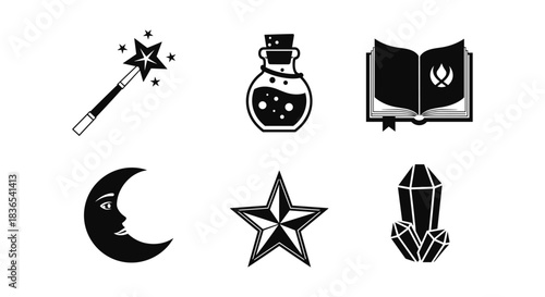 Minimalist magical icons set: wand, potion, book, moon, star, crystal
