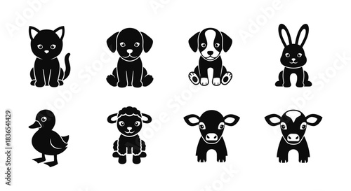 Black silhouette set of cute baby farm and pet animals on white background