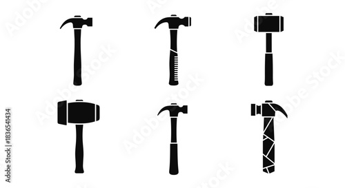 Collection of six black hammer and mallet silhouettes in minimalist design