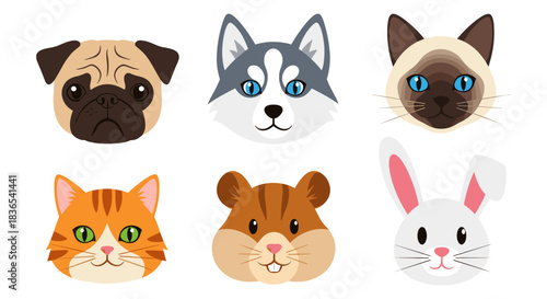 Cute animal faces collection featuring popular pets in flat style