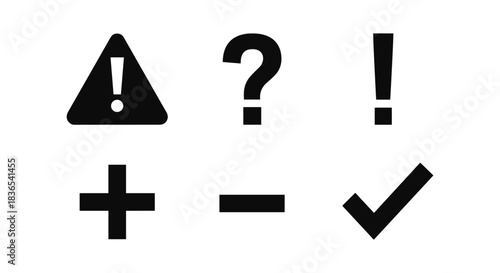 Minimalist symbols collection: exclamation, checkmark, plus, minus, question