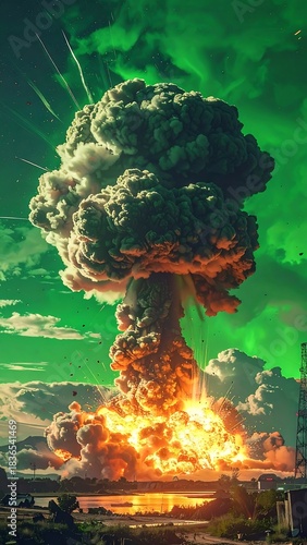 A colossal mushroom cloud ascends amidst verdant skies following an enormous fiery blast. The landscape is lit below