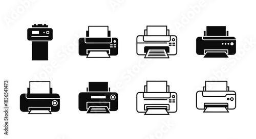 Collection of minimalist printer icons in black and white silhouette style