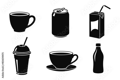 Silhouette set of drink containers: cups, cans, and bottles for diverse beverage options