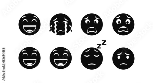 Monochrome emoji faces set with diverse expressions in simple design