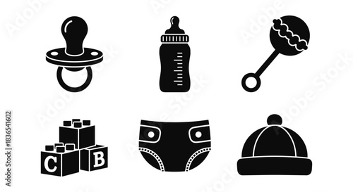 Black and white baby essentials icons: pacifier, bottle, rattle, blocks, diaper, hat