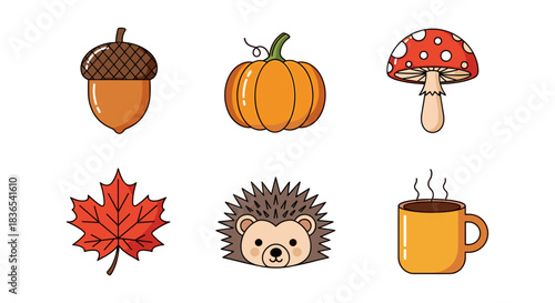 Collection of cute autumn icons: acorn, pumpkin, mushroom, maple leaf, hedgehog, coffee
