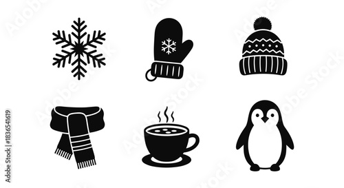 Winter icons set: snowflake, mittens, hat, scarf, warm drink, penguin silhouette