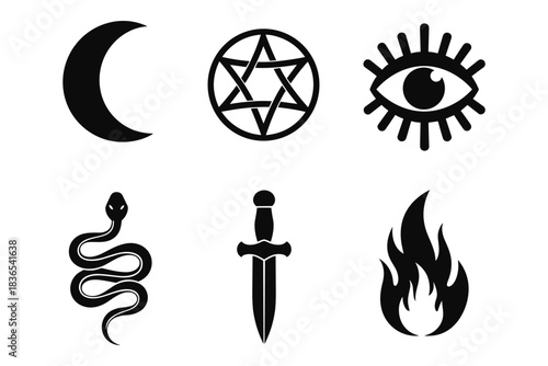 Mystical symbols set: moon, pentagram, eye, snake, dagger, and fire silhouettes