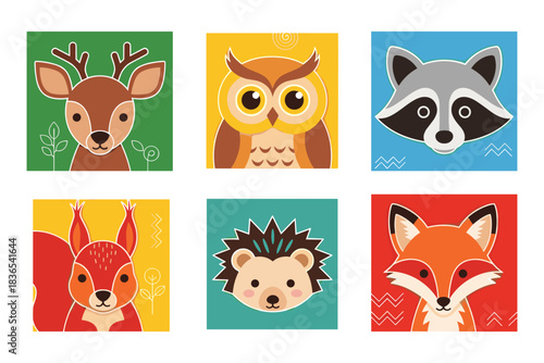 Colorful flat animal portraits: deer, owl, raccoon, squirrel, hedgehog, fox