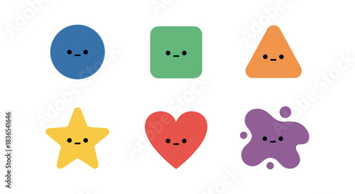 Cute kawaii geometric shapes with faces on white background