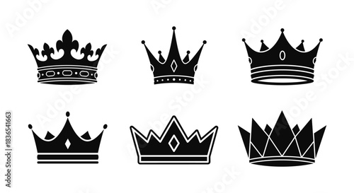 Collection of black silhouette crown icons on white background