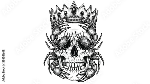 Vintage Engraving Skull with Crab and Royal Crown