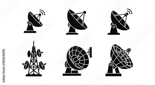 Silhouette satellite dishes and antennas on white background: communication technology icons
