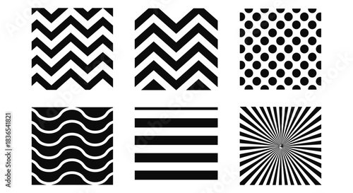 Bold geometric pattern set: zigzag, dot, wave, stripe, radiating lines in black and white designs