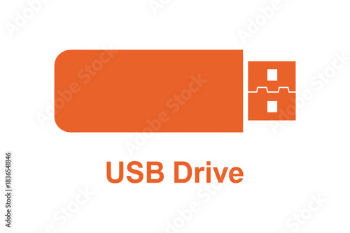 Minimalist orange usb drive icon on white background for digital media design