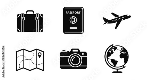 Travel icons set: passport, luggage, plane, map, camera, globe in black and white