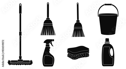 Cleaning tools silhouette set: mop, broom, bucket, spray bottle, sponge, detergent