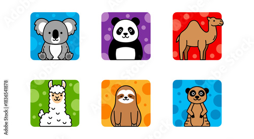 Cute animal icons: koala, panda, camel, llama, sloth, meerkat in cartoon style