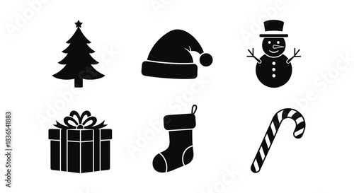 Festive holiday silhouette icons: tree, santa hat, snowman, gift, stocking, candy cane
