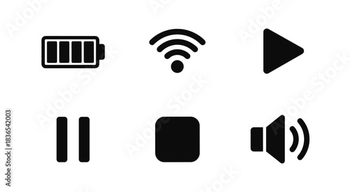 Essential media control and connectivity icons in minimalist black silhouette style