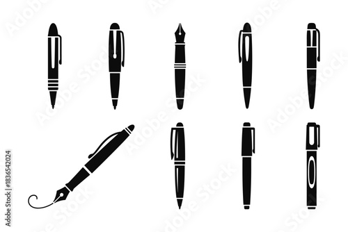 Collection of elegant pen silhouettes in black on white background