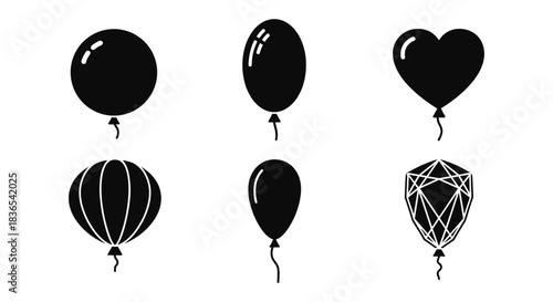 Silhouette balloon icons: heart, geometric, and classic shapes for celebrations
