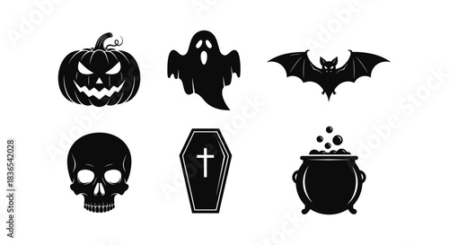 Halloween silhouettes: pumpkin, ghost, bat, skull, coffin, cauldron icons