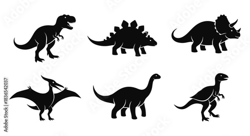 Silhouette dinosaur set: t-rex, stegosaurus, triceratops, pterodactyl, brachiosaurus, velociraptor