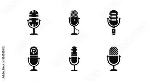 Vintage microphone icons set: retro silhouette designs for audio projects